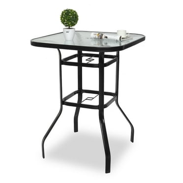 Ktaxon 31 Inch Patio Bar Table, Square Outdoor Bar Height Bistro Table with Tempered Glass Tabletop & Umbrella Hole, Outdoor Cocktail Table for Patio Yard Poolside, Black