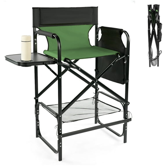 Ktaxon 31" Oversized Folding Director Chair, Heavy Duty Camping Chairs with Side Table & Cup Holder, Makeup Artist Seating with Storage Bag, Supports 400 lbs, Green