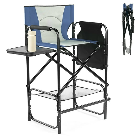 Ktaxon 31" Oversized Folding Director Chair, Heavy Duty Camping Chairs with Side Table & Cup Holder, Makeup Artist Seating with Storage Bag, Supports 400 lbs, Navy Blue
