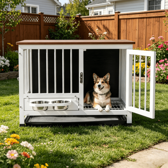 Ktaxon 31in Dog Crate Furniture, Rustic Brown & White Pet End Table with Rotating Feeder