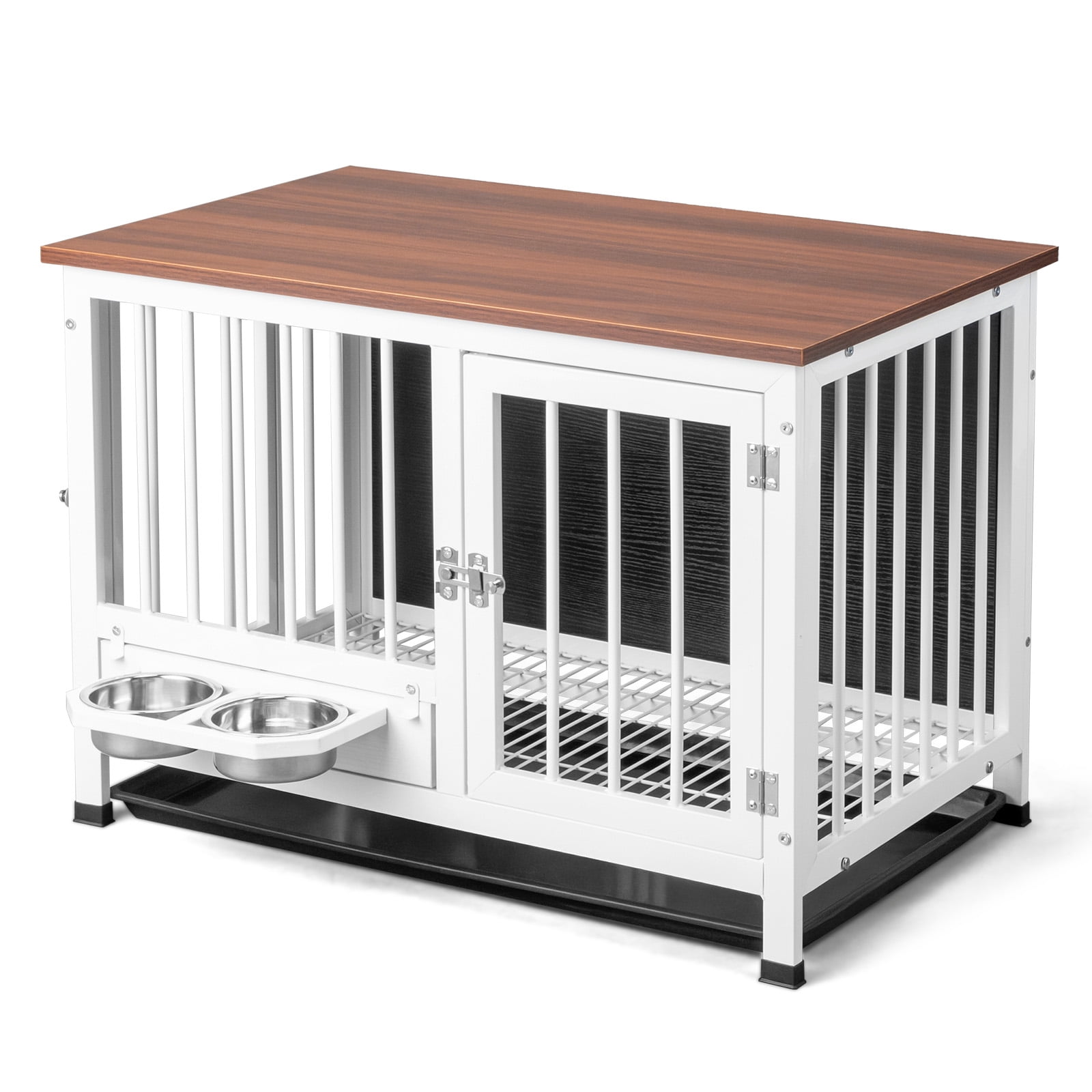 Ktaxon 31in Dog Crate Furniture with 360° Rotating Feeder & Removable Tray, Heavy Duty Pet End Table, Rustic Brown & White