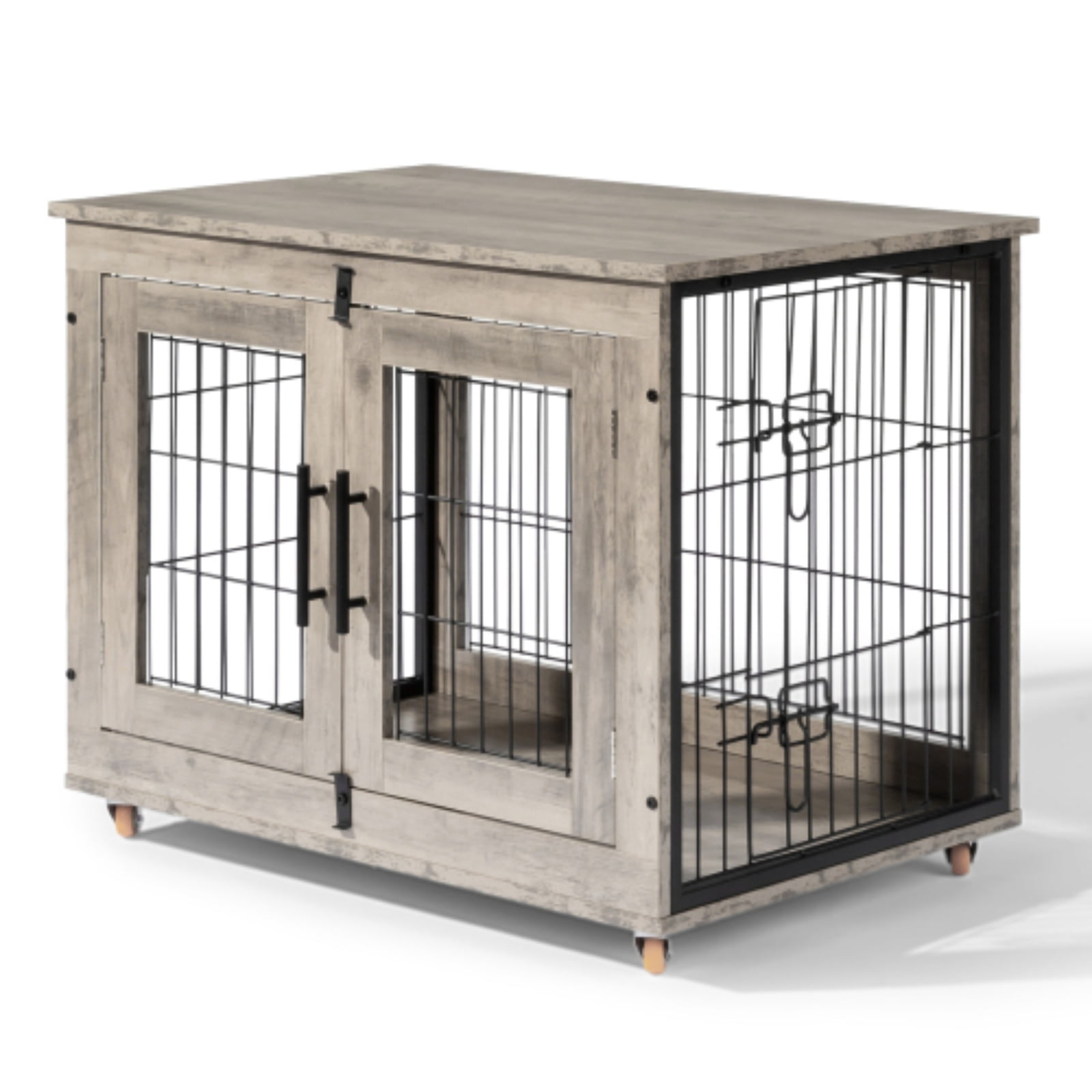 Ktaxon 31in Wooden Dog Crate Furniture, Double Door Heavy Duty Pet Cage End Table with Removable Tray for Indoor Use, Light Gray