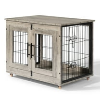 Ktaxon 31in Wooden Dog Crate Furniture, Double Door Heavy Duty Pet Cage End Table with Removable Tray for Indoor Use, Light Gray