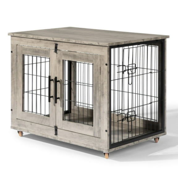 Ktaxon 31in Wooden Dog Crate Furniture, Double Door Heavy Duty Pet Cage End Table with Removable Tray for Indoor Use, Light Gray