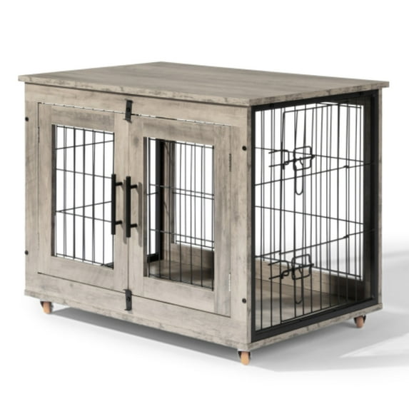 Ktaxon 31.5 in wooden dog crate furniture, double door pet cage end table with removable tray, light gray