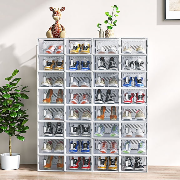 Ktaxon 32 PCS Shoe Boxes Clear Plastic Stackable Storage Box Closet Organizer,Per 13'' x 9.1'' x 5.5'', White
