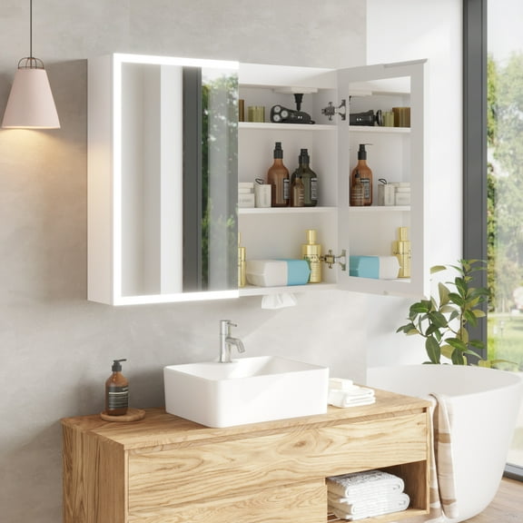 Ktaxon 32" x 28" LED Mirror Cabinet, Time/Temp Display, 3 - Color Dimming, Power - off Memory, US Outlets, White Acrylic Framed