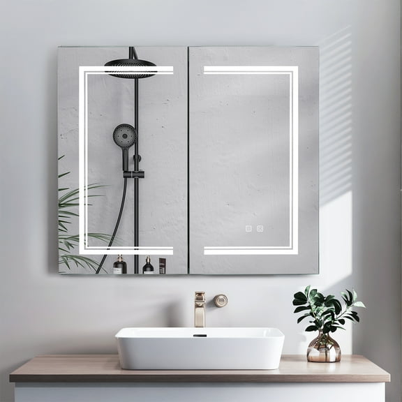 Ktaxon 32"x28" Bathroom LED Mirror Medicine Cabinet with Lights, Wall-Mounted w/ Defogger, Dimmable, Memory Function, Outlets & USB, White