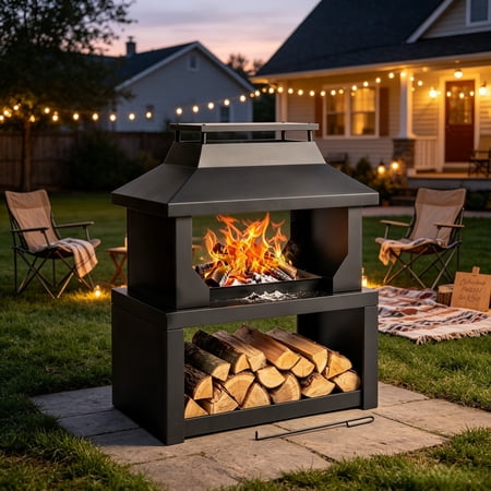 Ktaxon 32in Fire Pit with Stor, Wood Burning Fireplace Chimney for Patio, Garden,Backyard, Camping, Black