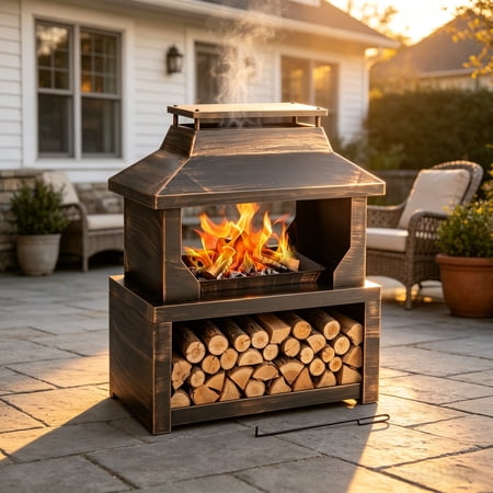 Ktaxon 32in Fire Pit with Stor, Wood Burning Fireplace Chimney for Patio, Garden,Backyard, Camping, Bronze