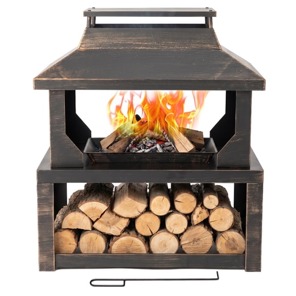 Ktaxon 32in Fire Pit with Wood Stor, Wood Burning Fireplace Chimney Poker Yard Camping, Bronze