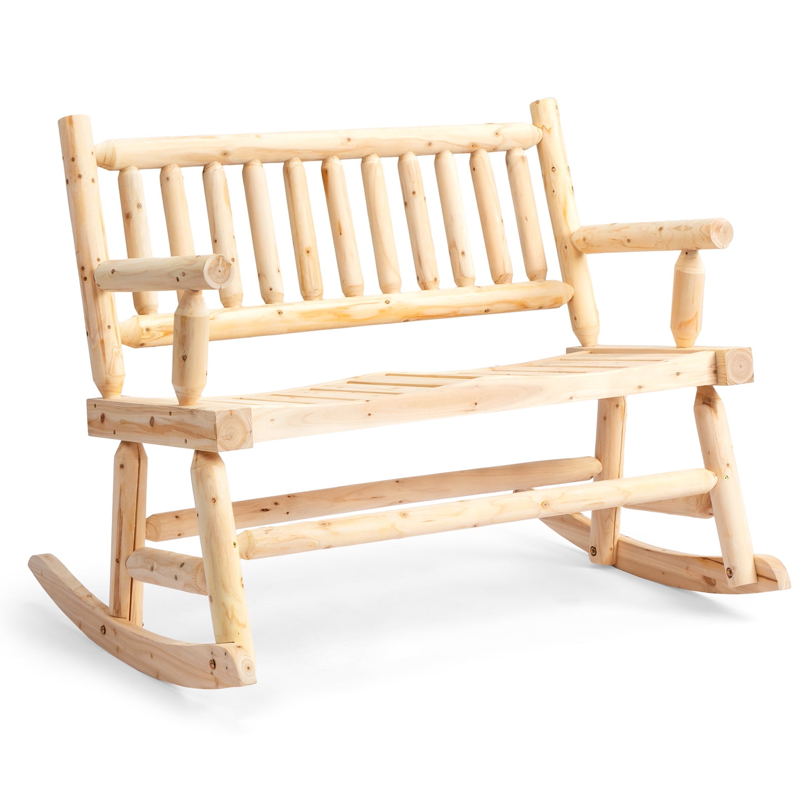 Ktaxon 33.5" Patio Rocking Chair, Outdoor Wooden 2-Person Rocker, Loveseat Rocking Seating with High Slatted Backrest, for Garden Porch Backyard, Original Wood