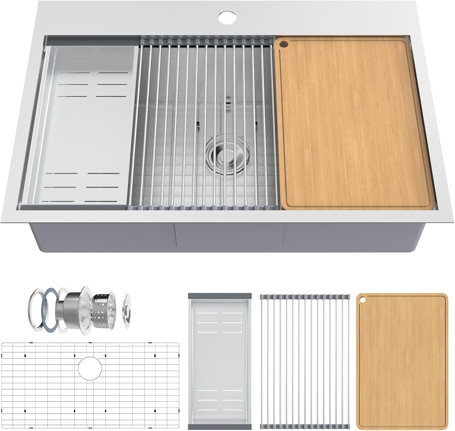 Ktaxon 33 Inch Drop-In Workstation Kitchen Sink, Stainless Steel Deep Single Bowl Utility Sink with Integrated Ledge, Multifunctional Accessories Set, Silver