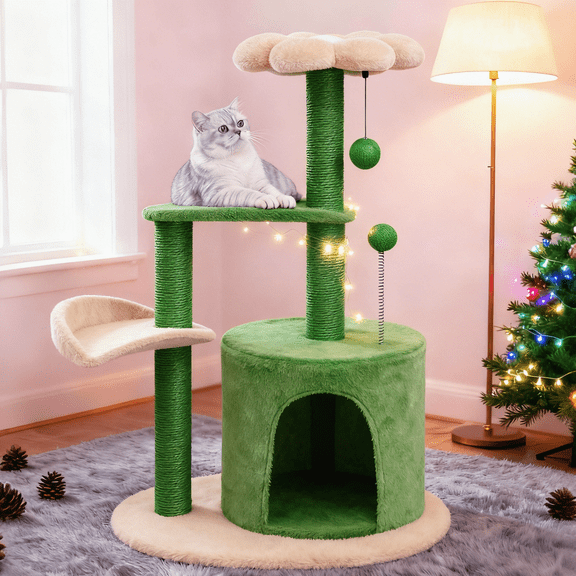 Ktaxon 33in Desert Style Cat Tree, Multi-Level Tower with Scratching Posts, Sand-Tone Curved Perch & Padded Bed, for Indoor Cats, Beige & Brown