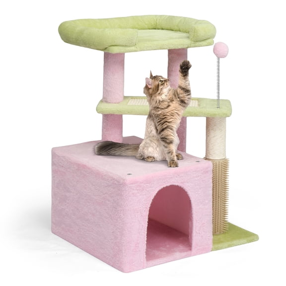 Ktaxon 27in Jelly Pink Cat Tree, Multi-Level Tower with Scratching Post, Curved Perch & Padded Bed, for Kittens & Indoor Cats