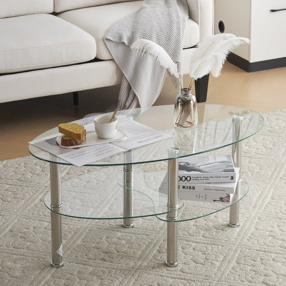Ktaxon 35" Clear Glass Oval Side Coffee Table Shelf Chrome Base Living Room Furniture