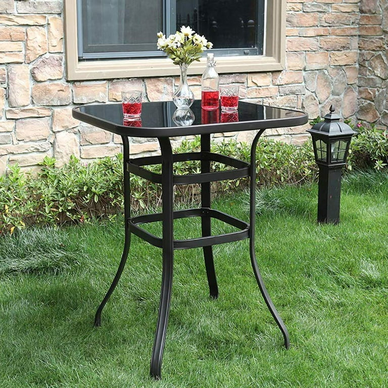 Ktaxon High Bistro Metal Tall Wrought Iron 35 Patio Dining Table Tempered Glass Top Indoor Outdoor Black Frame Walmart
