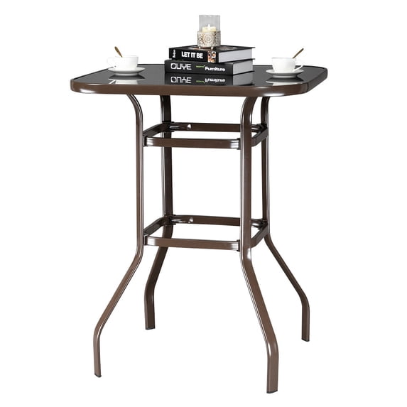 Ktaxon 40" Patio Dining Table, Bar Height Table with Tempered Glass Top, Square Table for Outdoor and Indoor, Porch, Deck, Yard, Brown Frame