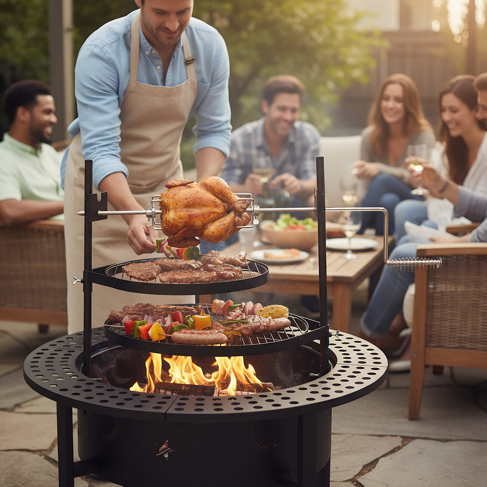 Ktaxon 35 Inch Fire Pit, Charcoal Swivel Grill with 2 Cooking Grates, Wood Burning Outdoor Fireplace for Camping Picnic Bonfire Backyard Patio