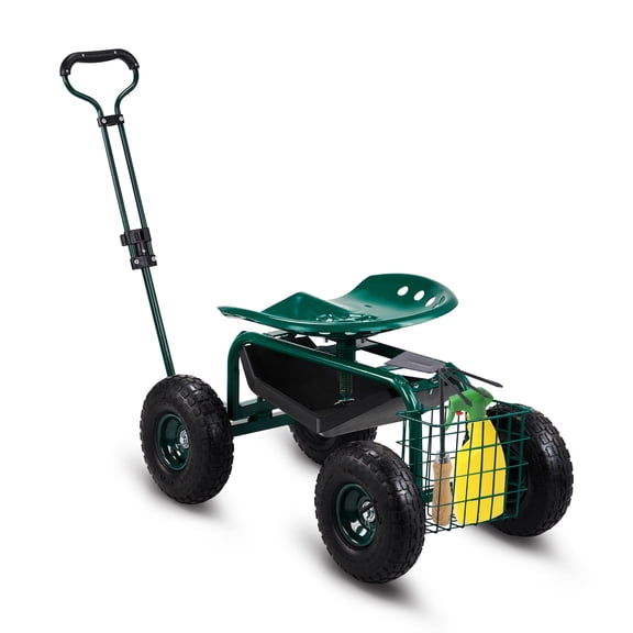 Ktaxon 35in Rolling Garden Work Seat with Wheels, Garden Scooter with 360 Degree Swivel Seat & Extendable Handle & Tool Tray, Gardening Stool for Planting, Green