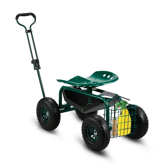 Ktaxon 35in Rolling Garden Work Seat, Green Scooter with 360° Swivel Seat & Tool Tray
