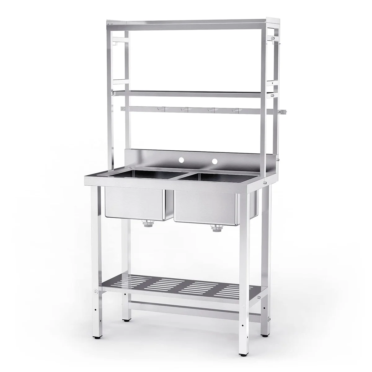 Ktaxon 36" × 21" Stainless Steel Double Utility Sink with Adjustable Shelves, Freestanding Prep Sink with Backsplash & 3.5" Drain