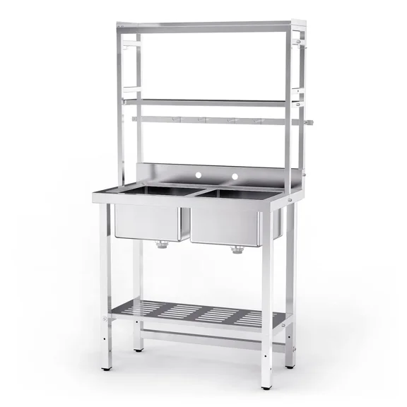 Ktaxon 36" 21" Stainless Steel Double Utility Sink with Adjustable Shelves, Freestanding Prep Sink with Backsplash & 3.5" Drain