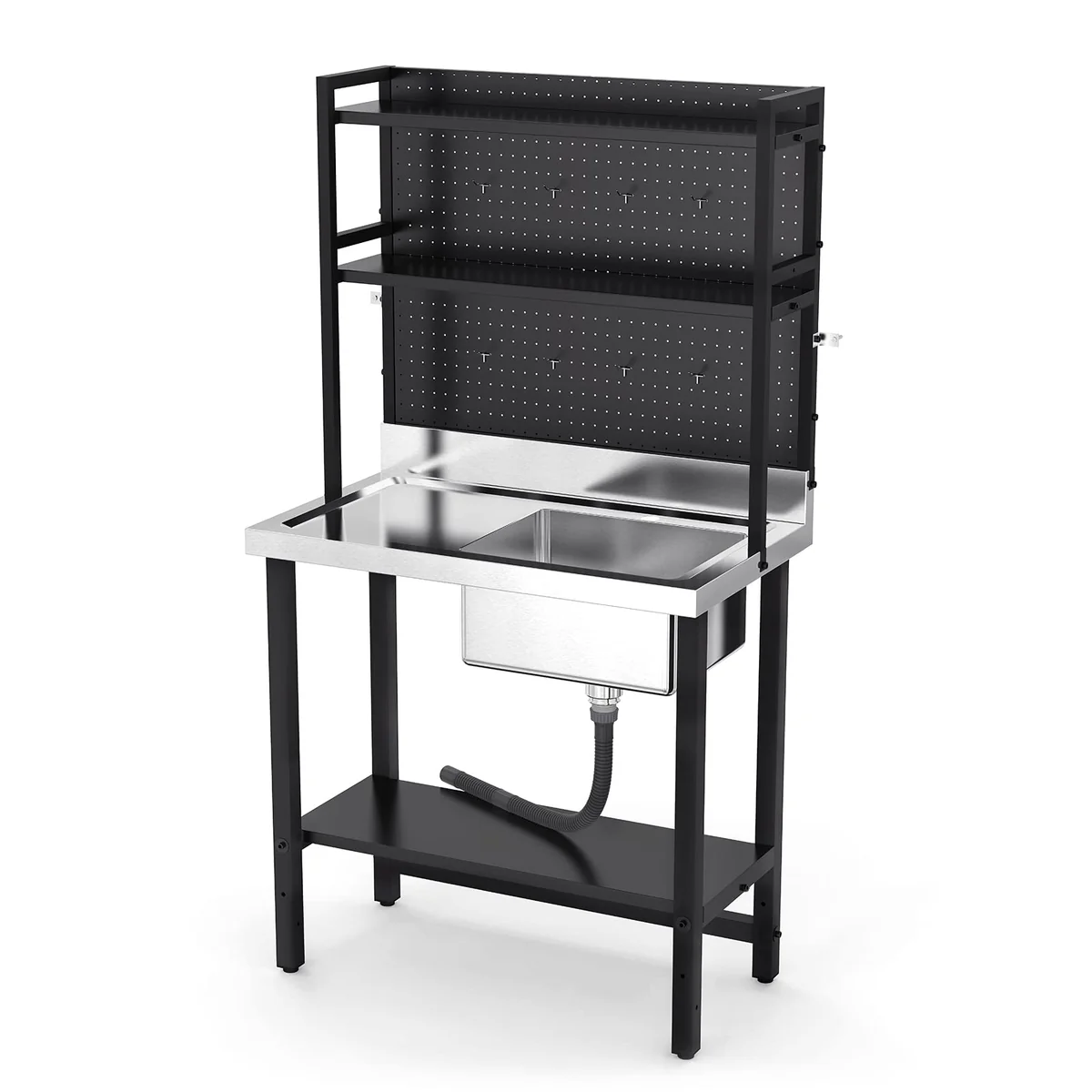 Ktaxon 36" × 21" Stainless Steel Utility Prep Sink with Drainboard, Freestanding One Compartment Sink with Adjustable Shelves & 3.5" Drain