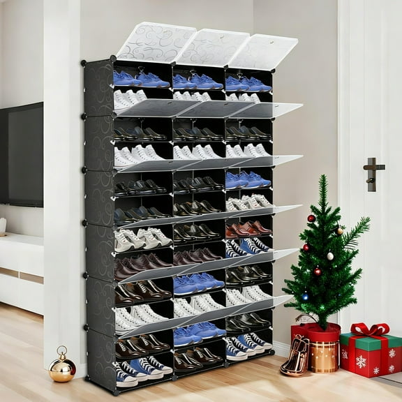 Ktaxon 36 Cubes 72 Pairs Modular Plastic Shoe Storage Cabinet Boxes Expandable 12 Tiers Shoe Rack Shelf Tower Stand Shoe Storage Organizer for Hallway Bedroom Closet Entryway Black
