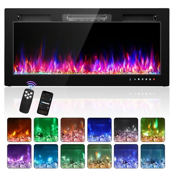 Ktaxon 36" Electric Fireplace, Inserts/Wall Mounted Fireplace Heater with WiFi Remote Control, 12 Adjustable Flame Colors, Log & Crystal, 8H Timer for Living Room, Bedroom