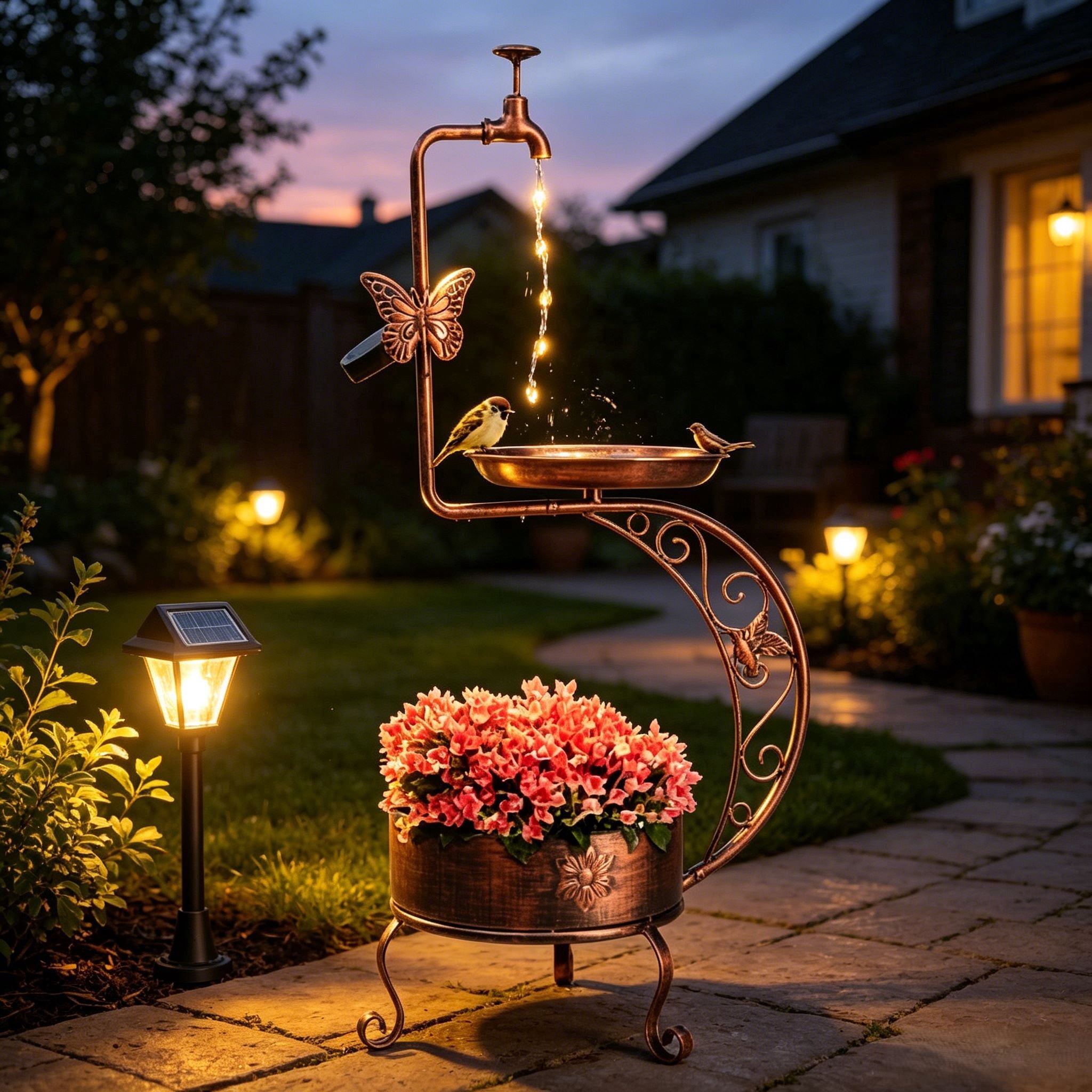 Ktaxon 36 Inch Garden Bird Bath with Solar Lamp and Flower Planter