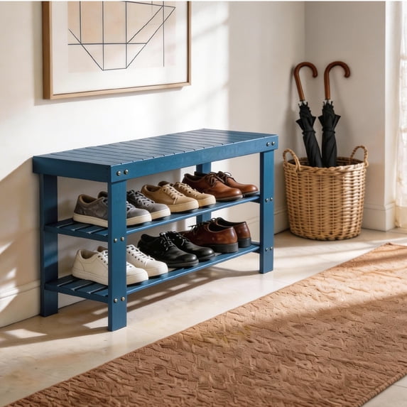 Ktaxon 36" Solid Wood Shoe Bench 3-Tier Shoe Storage Rack Organizer for Entryway Hallway Closet Living Room Bathroom, Navy Blue