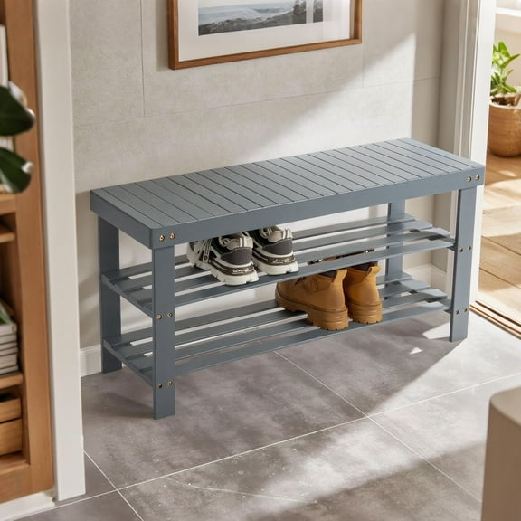 Ktaxon 36" Solid Wood Shoe Bench 3-Tier Shoe Storage Rack Organizer for Entryway Hallway Closet Living Room Bathroom, Gray Finish