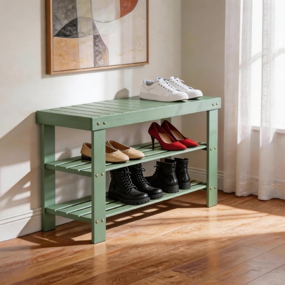 Ktaxon 36" Solid Wood Shoe Bench 3-Tier Shoe Storage Rack Organizer for Entryway Hallway Closet Living Room Bathroom, Forest Green