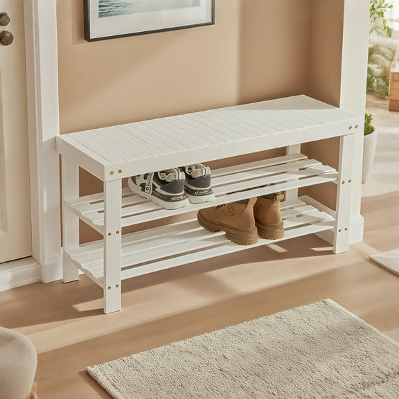 Ktaxon 36" Solid Wood Shoe Bench 3-Tier Shoe Storage Rack Organizer for Entryway Hallway Closet Living Room Bathroom, White Finish