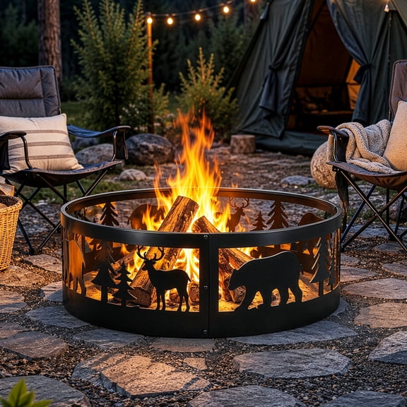 Ktaxon 36 inch Round Iron Fire Ring, Bear Pattern for Patio Backyard Camping, Black