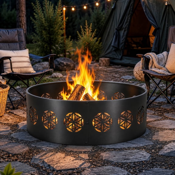 Ktaxon 36 inch Round Iron Fire Ring, Everlasting Flower Pattern for Patio Backyard Camping, Black