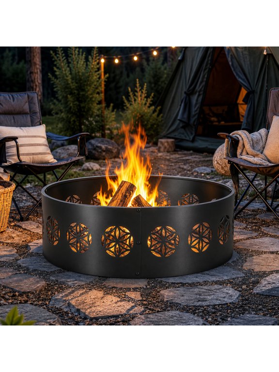 36 inch Round Iron Fire Ring, Everlasting Flower Pattern for Patio Backyard Camping, Black