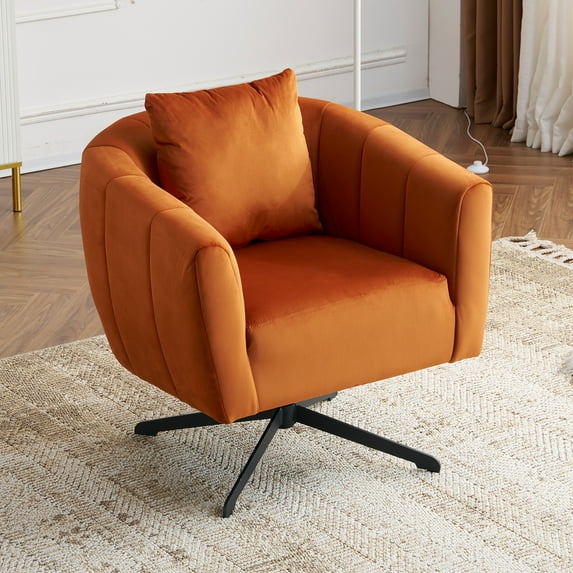 Ktaxon 360° Swivel Accent Armchair Velvet Upholstered Club Chair, Pumpkin Shape Sofa Corner Barrel Chair Orange (Metal Feet)