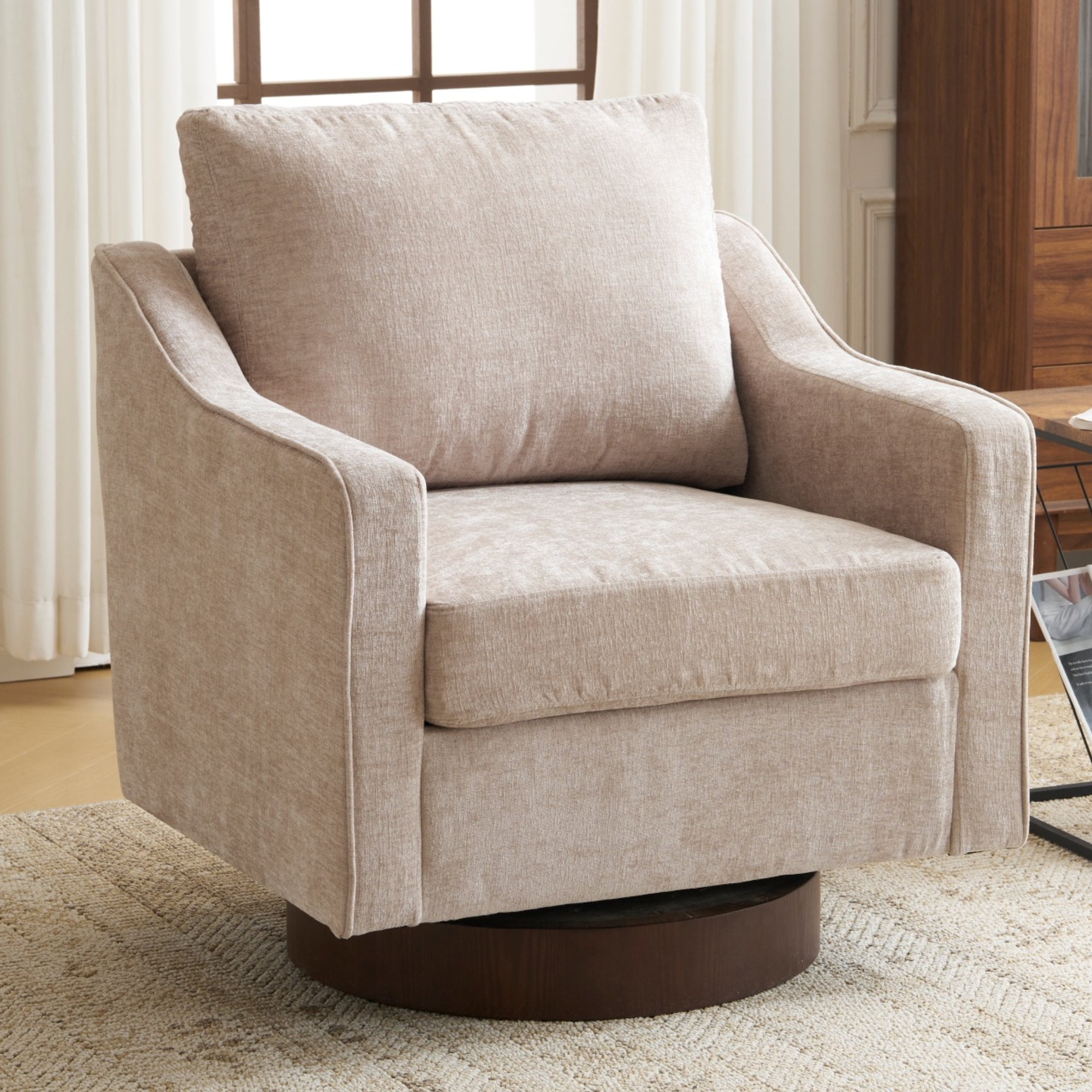 Ktaxon 360° Swivel Accent Chair Soft Chenille Fabric Arm Chair High Resilience Cushion Ideal for Living Room Bedroom Furniture Khaki
