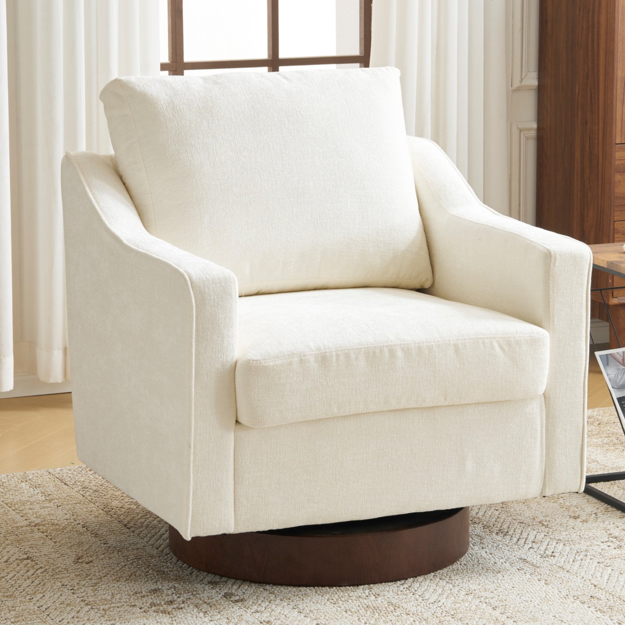 Ktaxon 360° Swivel Accent Chair Soft Chenille Fabric Arm Chair High Resilience Cushion Ideal for Living Room  Bedroom Furniture Off White