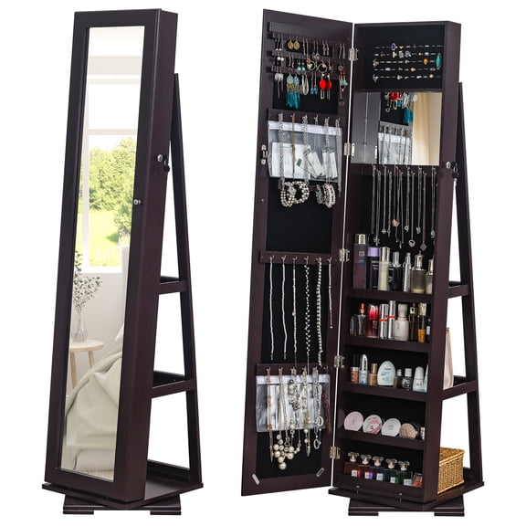 Ktaxon 360° Swivel Lockable Jewelry Cabinet, Jewelry Armoire Standing with Full Length Mirror, Brown
