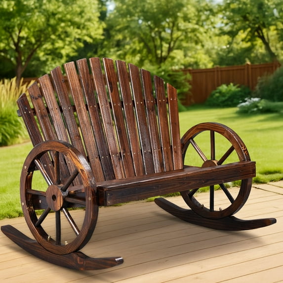 Ktaxon 36in Double Wide Fir Wood Rocking Chair, High Back Slatted Patio Garden Rocker with Wheel Armrests, Carbonized