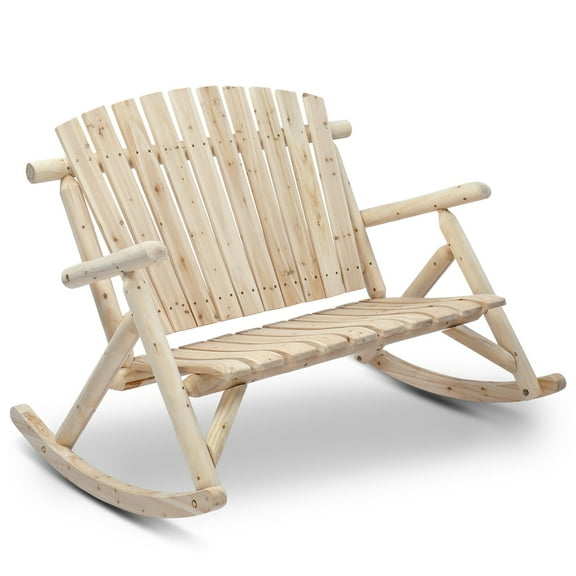 Ktaxon 38" Outdoor Rocking Chair, Wood Adirondack Loveseat Rocker, Patio Rocking Seating with Slatted Seat & High Backrest, for Garden Porch Backyard, Original Wood