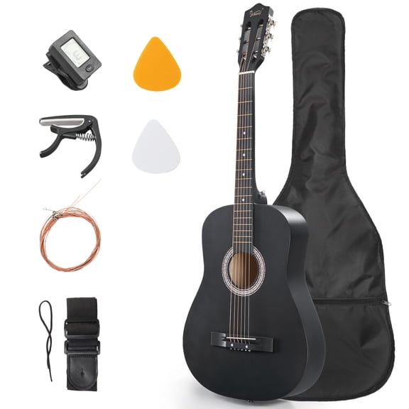 Ktaxon 38in Beginner Round Acoustic Guitar Starter Kit with Bag, Tuner, Extra Strings, Matte Black