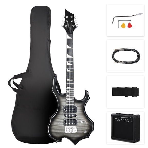 Ktaxon 39" Electric Guitar Tiger Stripe Style Flame Shaped, HSH Pickup with 20W AMP, Complete Starter Kit, Black