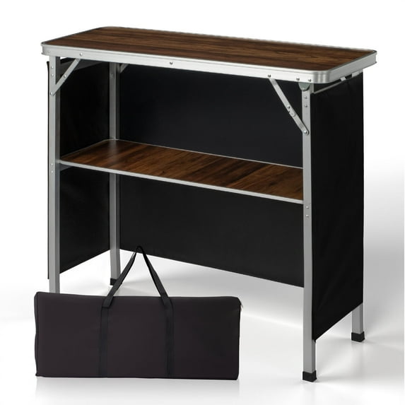 Ktaxon 39" Foldable Bar Table, Mobile Bar with 3-Tier Shelves & Carry Bag - Perfect for Events, Parties, Camping, Picnics, Tradeshows, and Both Outdoor/Indoor Use (Comes with Black Skirt, Woodgrain)