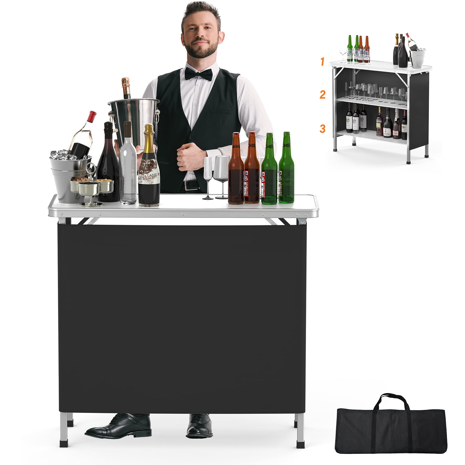 Ktaxon 39 Inch Foldable Portable Bar Table with 3-Tier Shelves