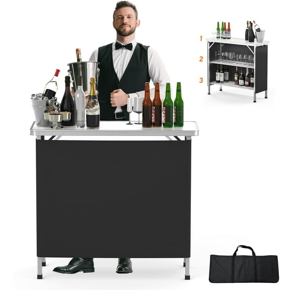 Ktaxon 39" Foldable Bar Table, Mobile Bar with 3-Tier Shelves & Carry Bag - Perfect for Events, Parties, Camping, Picnics, Tradeshows, and Both Outdoor/Indoor Use (Comes with Black Skirt,  White)