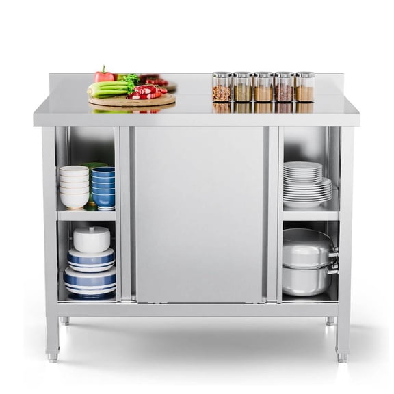Ktaxon 39" x 19" Stainless Steel Prep Work Table with Backsplash & 2 Sliding Doors, Commercial Heavy Duty Restaurant Kitchen Storage Cabinet